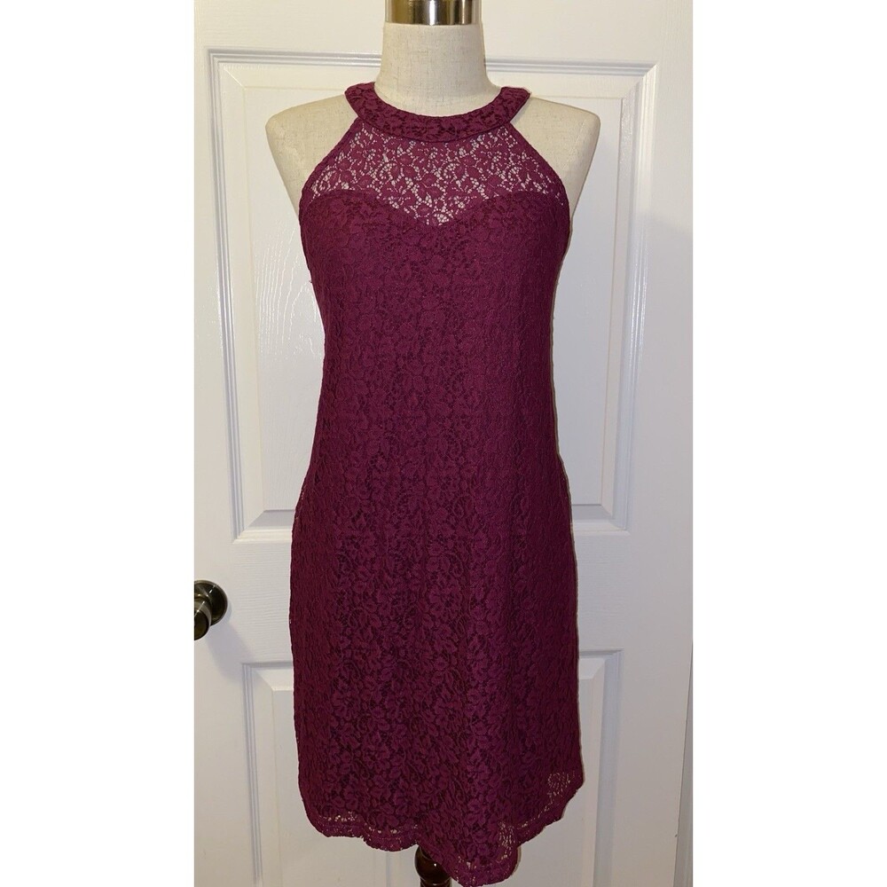 Candie's Magenta Lace Halter Mini Dress Lined Criss-Cross Medium Romantic
